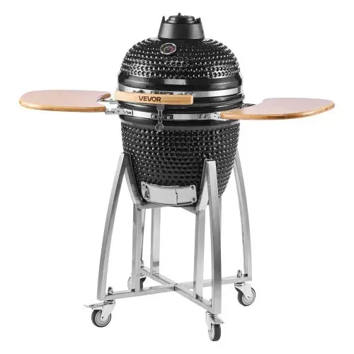 VEVOR Kamado Grill, Keramikgrill, Smoker Ø 450 mm, mit Holzgriffen, Seitenablagen, Metallstand mit Rollen & Thermometer bis 400°C, oberer & unterer Luftstrom, für BBQ, Grillen, Kochen & Backen Outdoor – Bild 9