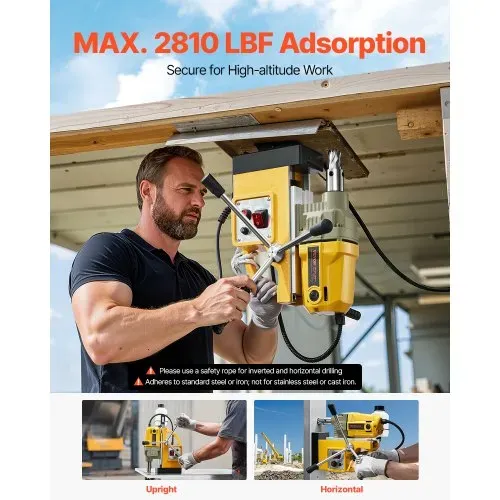 VEVOR Magnetbohrmaschine Kernbohrmaschine 1400 W φ50 mm, 12500 N tragbare elektrische Magnetbohrmaschine mit 11 Kernbohrern, 800 U/min Bohrmaschine für Metalloberflächen Industrie Heimwerker Gelb – Bild 4