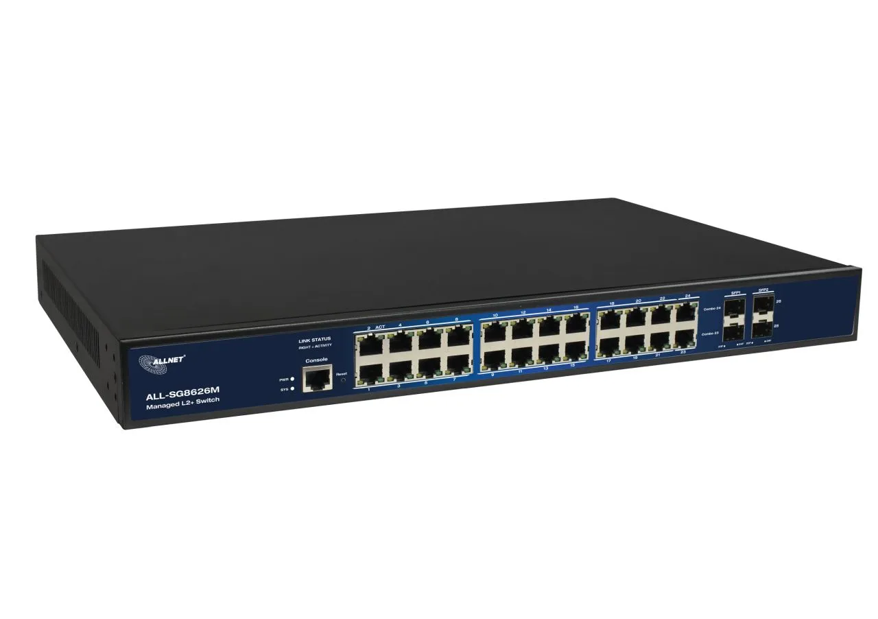 ALLNET Switch full managed 26 Port Gigabit / 22x LAN / 4x SFP / Lüfterlos / 19″ / „ALL-SG8626M“ ALLNET Switch full managed 26 Port Gigabit / 22x LAN / 4x SFP / Lüfterlos / 19″ / „ALL-SG8626M“