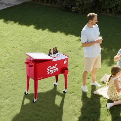 VEVOR Kühlwagen Getränkewagen 75,71 L bis zu 50 Flaschen/110 Dosen, Beistellwagen für Terrassenpartys mit 4 Lenkrollen (2 mit Bremsen) & Sammelbox für Deckel & Flaschenöffner, Getränkekühler – Bild 7