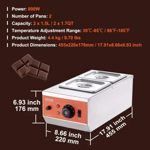 VEVOR Schokolade Schmelztiegel Kommerzielle Elektrische Schokolade Schmelzgerät 800 W, Schmelztiegel Schmelztiegel Edelstahl, 2 x 3,5 L Behälter Schokolade Schmelzmaschine Schmelztiegel Topf – Bild 6