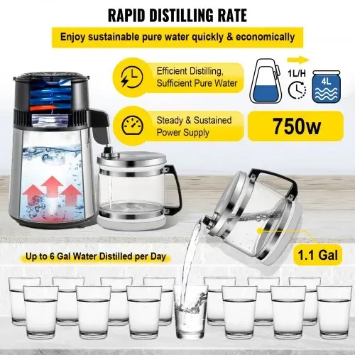 VEVOR Wasser Destilliergerät SC-3 Profi Wasserdestiller aus Edelstahl, 750 W Leistung und 4 L Fassungsvermögen Wasserdestilliergerät, für Labors, Krankenhäuser, Büros, Destillationseffizienz 1L / h – Bild 2