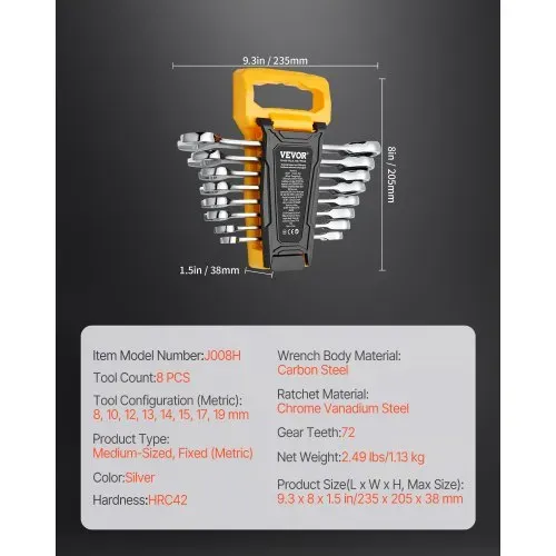 VEVOR Schlüsselsatz 8-teiliger Ratschenschlüsselsatz mit Organizer-Rack, Cr-V-Stahl-Schlüsselsatz metrisch 8 mm bis 19 mm, ideal für den allgemeinen Haushalt Garage Werkstatt Autoreparaturen – Bild 6