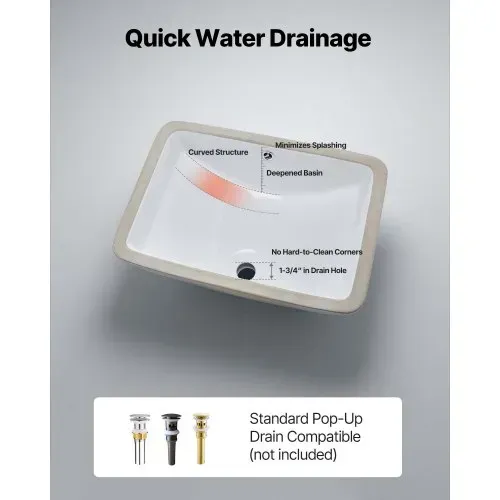VEVOR Unterbauwaschbecken Handwaschbecken 530 x 375 mm rechteckiges Spülbecken aus Keramik mit Überlaufloch, moderne Unterbauspüle Küchenspüle für kleine Räume, Badezimmerwaschbecken Weiß – Bild 4