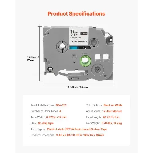 VEVOR Schriftband, 4er-Pack, 12 mm, Schwarz auf Weiß, kompatibel mit verschiedenen Arten von Brother P-Touch-Etikettierern, PT-1230PC, PT-1280, PT-D200, PT-P400, Ersatz für TZe-231 – Bild 6