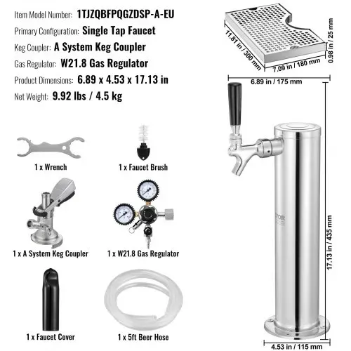 VEVOR Kegerator-Turm-Kit, Einzelzapfhahn-Bierumrüstsatz, Edelstahl-Fass-Bierturm-Zapfanlage mit Doppelmessgerät W21.8-Regler und A-System-Fasskupplung, Biertropfschale für Partys zu Hause – Bild 6