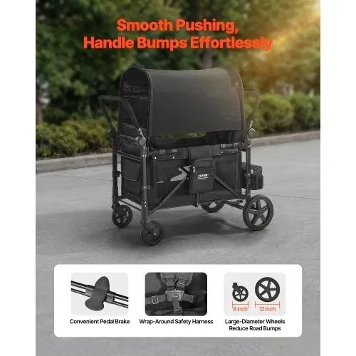 VEVOR 4-Sitzer-Kinderwagen, faltbarer Push-Pull-Kinderbuggy mit verstellbarem Griff, 5-Punkt-Sicherheitsgurt & abnehmbarem Verdeck, Bollerwagen für Camping, Schwarz (150 kg Tragkraft) – Bild 3