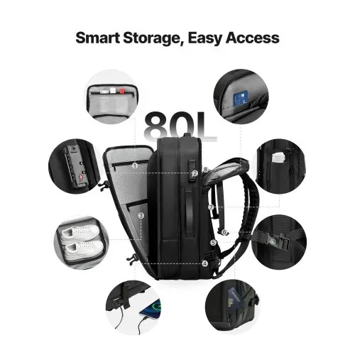 VEVOR Vakuum-Reiserucksack, 80 L, erweiterbarer Vakuum-Kompressions-Reiserucksack mit Pumpe, mit TSA-zugelassenem Schloss, USB-Ladeanschluss, wasserabweisendes Handgepäck, für Business, Schwarz – Bild 2