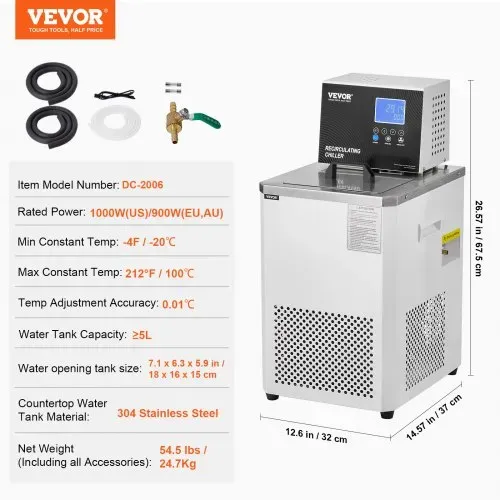 VEVOR Labor-Kühl-/Umwälzpumpe, 6 l Kühler für niedrige Temperaturen, Kühlflüssigkeit im Labor, -20 °C bis 100 °C, Umwälzpumpen-Kühler, LCD-Display, Wasserbad-Umwälzkühler aus Edelstahl 304 – Bild 6