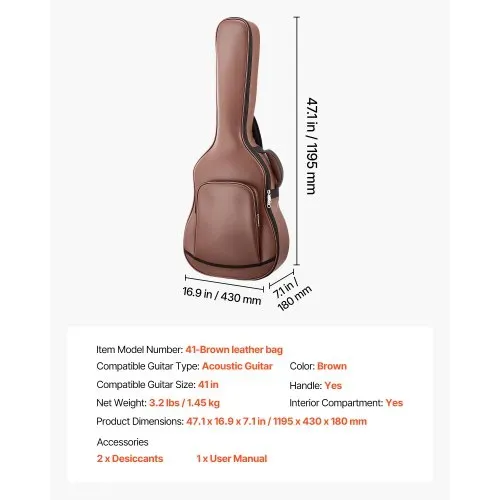 VEVOR Gitarrentasche für 41-Zoll-Akustikgitarren mit Außenzubehörfach Braun, Gitarrenrucksack mit Schaumstoffpolsterung, Tragegriff und Schultergurten, 1195 mm Gig Bag aus PU-Leder – Bild 6