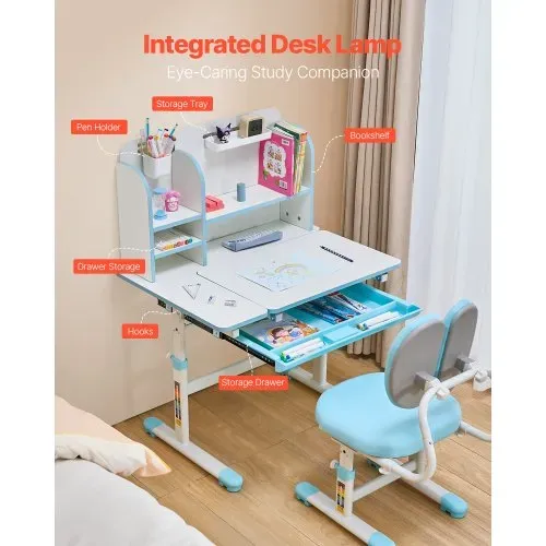 VEVOR Schreibtisch Kinderschreibtisch Arbeitstisch und Stuhl höhenverstellbarer (54-73 cm) belastbarer (100 kg) 0–40° neigbarer Tisch mit Bücherregal für Schlafzimmer Arbeitszimmer Schule Blau – Bild 4