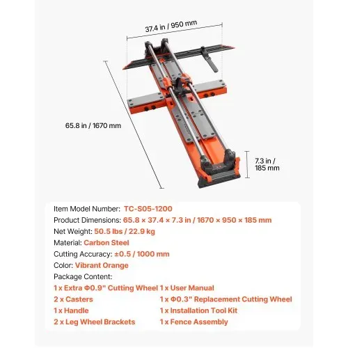 VEVOR Fliesenschneider 1200 mm, Fliesenschneidmaschine mit Verschiebbarem Schneidkopf & Federbelasteter Basis, Winkelanschlag, Wolframkarbid-Trennscheibe, Ausrichthilfe, für Keramikfliesen – Bild 6