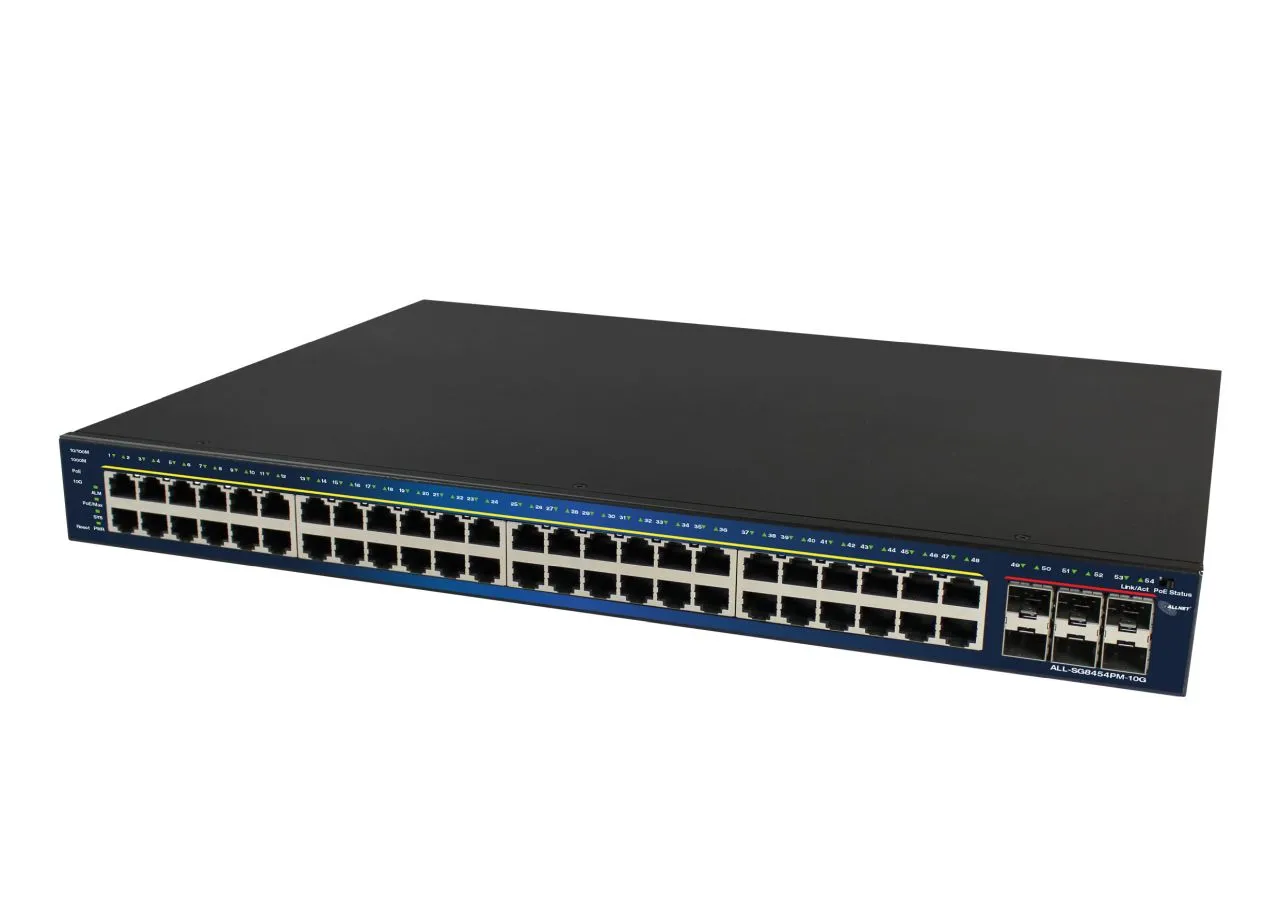 ALLNET Switch smart managed Layer2 54 Port • 48x 1 GbE • PoE Budget 800W • 48x PoE at • 6x SFP+ • 19″ • ALL-SG8454PM-10G ALLNET Switch smart managed Layer2 54 Port • 48x 1 GbE • PoE Budget 800W • 48x PoE at • 6x SFP+ • 19″ • ALL-SG8454PM-10G