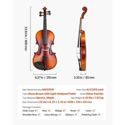 VEVOR Violine 4/4, 584,2 mm Armlänge, Geigenset mit Hartschalenkoffer, Kolophonium, Bogen, Schulterstütze, Steg, zusätzlichen Saiten, professionelles Massivholzinstrument (glänzend braun) – Bild 6