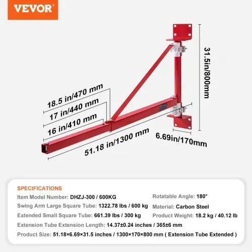VEVOR Elektrischer Hebezeug-Stützarm 600 kg Tragkraft Hebezeughalter-Schwenkarm mit Stange Hebezeugrahmen aus Stahl, 180° schwenkbarer Gerüsthebezeug-Hebearm Windenhebezeugarm für Werkstatt Garage – Bild 6