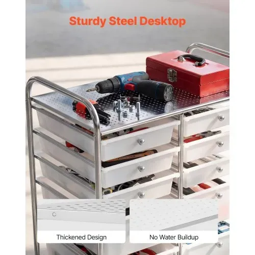 VEVOR Rollwagen mit 12 Schubladen Rollcontainer Doppelreihe 635x395x815mm, Metallgestell, Ablagefläche, Handgriffe, Lenkrolle mit 2 Bremsen, Mobiler Schubladenwagen für Büro Werkstatt Klassenzimmer – Bild 3