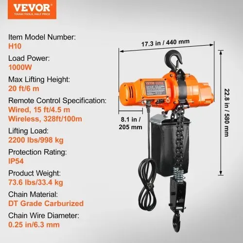 VEVOR Elektrischer Kettenzug, 998 kg Tragkraft, 6 m Hubhöhe, 11.500 U/min, Hebezug mit Kette, 100 m kabellose und 4,5 m kabelgebundene Fernbedienung, Seilwinde für Garage, Werkstatt und Zuhause – Bild 6