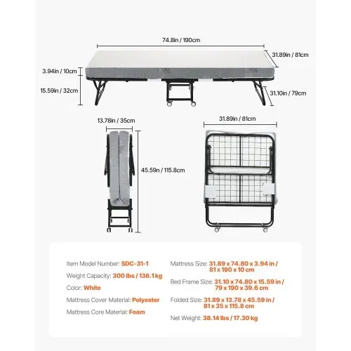 VEVOR Rollbett Klappbett mit 10 cm Matratze, faltbares Einzelbett mit Memory Foam-Matratze (190 x 81 cm), 136,1 kg belastbares Gästebett für Erwachsene, Metallbett für Schlafzimmer Wohnzimmer – Bild 6