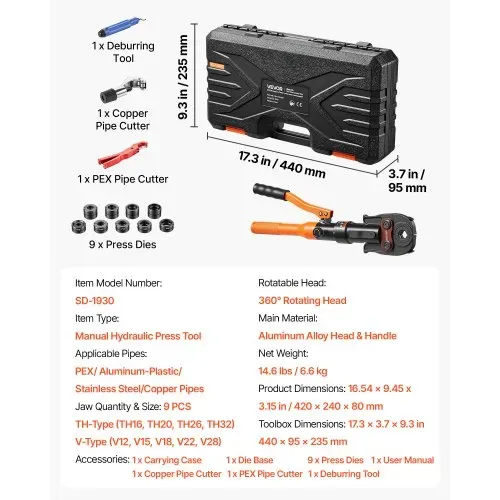 VEVOR Hydraulische Rohrpresszange mit 9 TH+V Kontur Manuelle Crimpzange, Handpresszange für PEX-/Aluminium-/Edelstahl-/Kupferrohre, inkl. TH16 TH20 TH26 TH32 V12 V15 V18 V22 V28, mit Werkzeugkasten – Bild 6