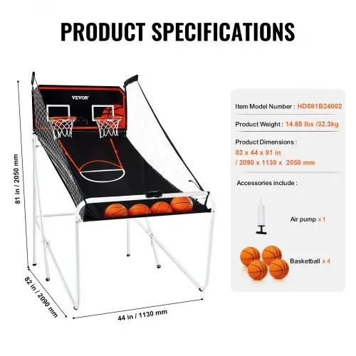 VEVOR 2,05 m Indoor-Basketballspiel für 2 Spieler, Basketballautomat, Baskeltballständer mit 4 Bällen & 8 Spielmodi & 2 Basketballkörben, Anzeigetafel & Aufblaspumpe, für Kinder, Erwachsene – Bild 6