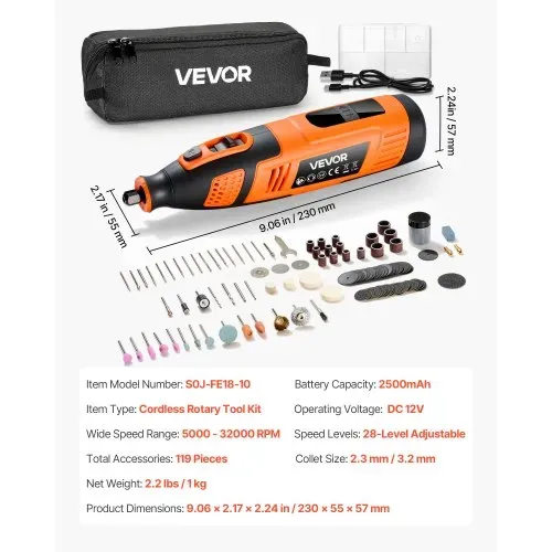 VEVOR 119-tlg. Akku-Multifunktionswerkzeug-Set, DC12V tragbares Mini-Rotationswerkzeug, 28 Gang 5000–32000 U/min, zum Gravieren, Schleifen, Polieren, Schnitzen, Schneiden, Heimwerken – Bild 6