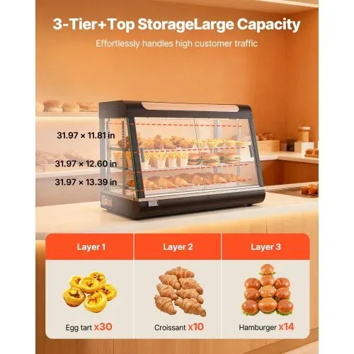 VEVOR 3-stöckige Wärmetheke 130 L, Warmhaltevitrine 1400 W, Warmhaltetheke 30–85 °C, Speisenwärmer mit LED-Beleuchtung & Verstellbaren Ablagen, Speisevitrine für Hamburger Pizza Brot Brathähnchen – Bild 4