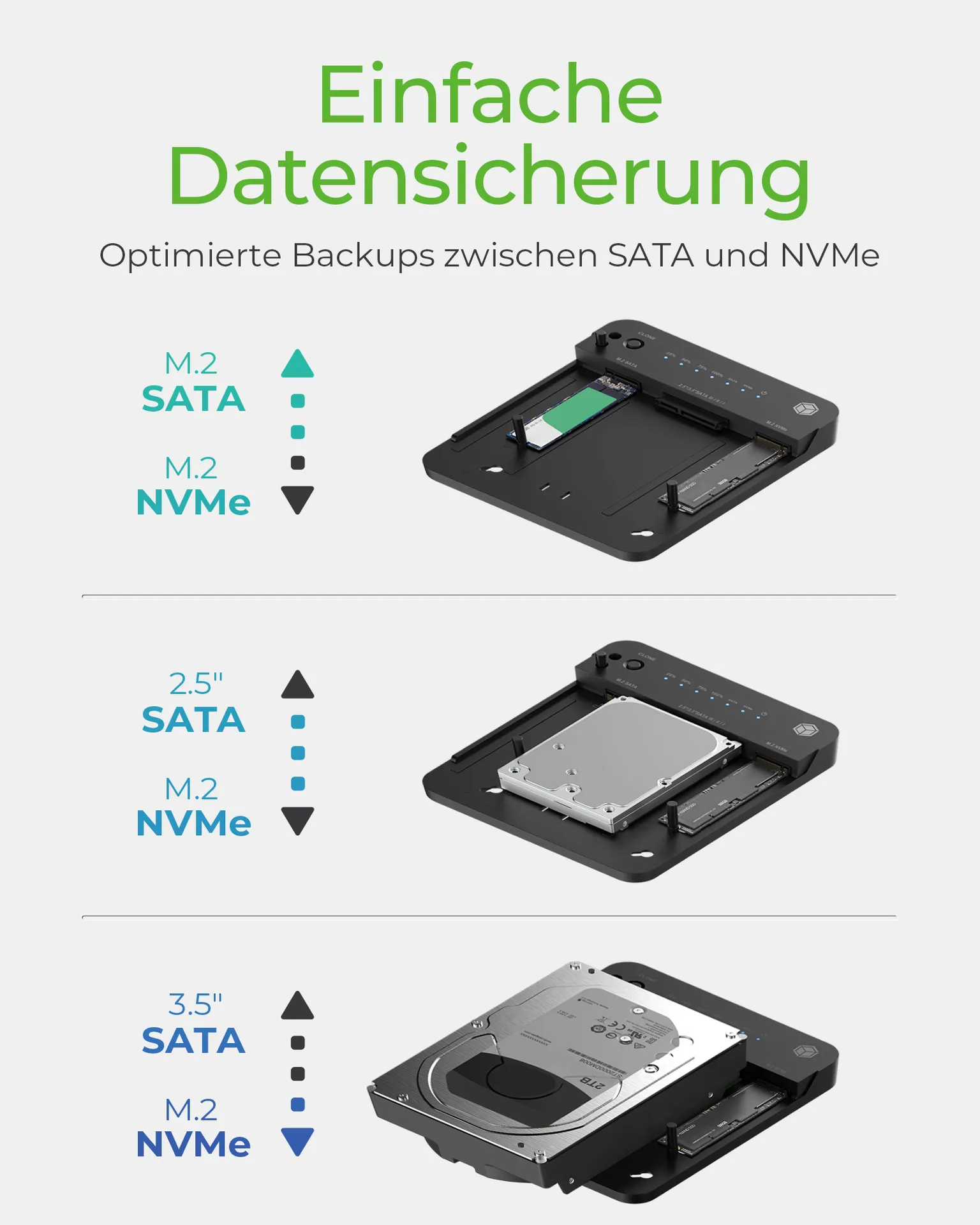 ICY BOX IB-2915MSCL-C31, Docking & CloneStation für M.2 NVMe & M.2 SATA SSD & 2.5”/3.5” SATA SSD/HDD, Zweiwege klonen, USB 3.2 Gen 2 Type-C®/Type-A, schwarz – Bild 4
