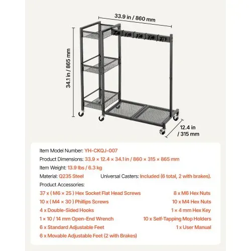 VEVOR Gartengeräte Ständer 851x300x865mm Gerätehalter Klemmsystem Schwarz, Aufbewahrungsregal für Garage Schuppen Garten, Organizer aus Stahl für Besen Mopp Rechen, mit 3 Ablagefächern Haken & Rollen – Bild 6