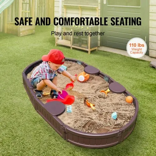 VEVOR Sandkasten mit Abdeckung, 183 x 105 x 23 cm, ovaler Sandkasten, HDPE-Sandgrube mit 4 Ecksitzen und Bodenauskleidung, Kindersandkasten für Garten, Strand, Park, Geschenk für Jungen und Mädchen im Alter von 3–12 Jahren, braun – Bild 2