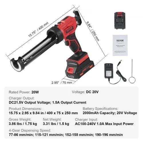 VEVOR Akku-Kartuschenpistole Kartuschenpresse Silikonpistole (20 V, für 300 ml-Kartuschen, bis zu 270 kg, 4-Gang einstellbare Drehzahl, Inkl. Akku und Ladegerät) Kompatibel mit Acrylsäure, Klebstoffe – Bild 6