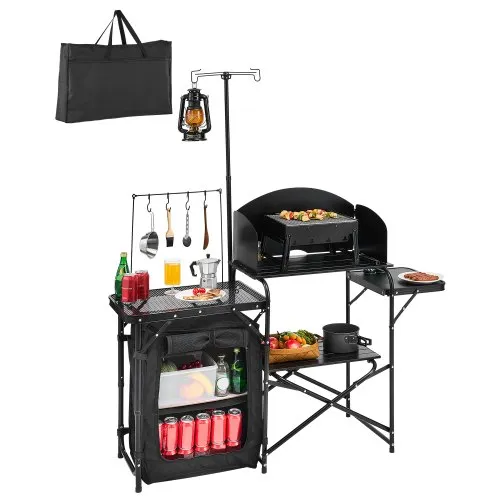 VEVOR Camping Küchentisch Outdoor Kochtisch, tragbare Kochstation aus Aluminium mit Lagerschrank & Tragetasche, & abnehmbarer Windschutzscheibe, für Grillpartys Picknicks Wohnmobilreisen, schwarz VEVOR Camping Küchentisch Outdoor Kochtisch, tragbare Kochstation aus Aluminium mit Lagerschrank & Tragetasche, & abnehmbarer Windschutzscheibe, für Grillpartys Picknicks Wohnmobilreisen, schwarz