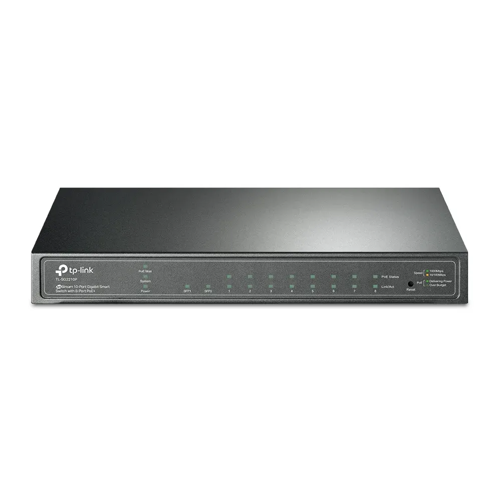 TP-Link Switch full managed Layer2 10 Port • 8x 1 GbE • PoE Budget 61 Watt • 8x PoE at • 2x SFP • 10” • Lüfterlos, Omada • SG2210P TP-Link Switch full managed Layer2 10 Port • 8x 1 GbE • PoE Budget 61 Watt • 8x PoE at • 2x SFP • 10” • Lüfterlos, Omada • SG2210P