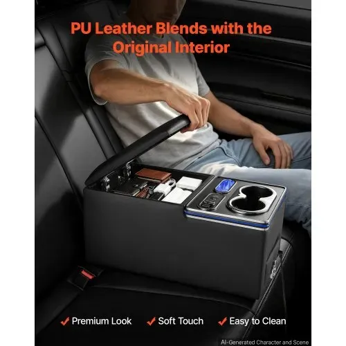 VEVOR Universal Mittelkonsole für Rücksitzbank 7-Farben LED 12-24 V Schwarz für Smartphones und Elektronikgeräte, QC- und PD-Typ-C-Ladung, Staufach, 2 Getränkehalter, Handyhalterung, Kleine Schublade – Bild 5