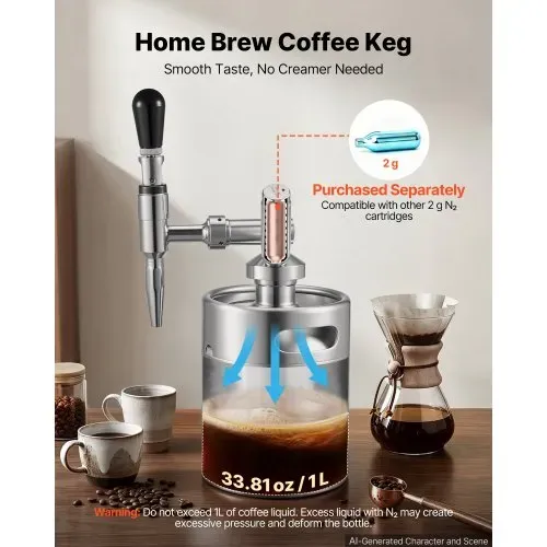 VEVOR Nitro-Cold-Brew-Kaffeefass 2 L, Edelstahl-Kaffeemaschine mit Zapfhahn, Heimbrüh-Kaffeefass, Tragbares Kaffeefass mit Spender und Druckentlastungsventil, Geeignet für Kaffeeliebhaber – Bild 3