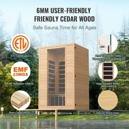 VEVOR 2-Personen-Ferninfrarotsauna, Heimsaunakabine aus Infrarot-Hemlockholz mit niedrigem EMF und gehärteter Glastür, Bluetooth-Lautsprecher, für den Innenbereich, 1800 W – Bild 4