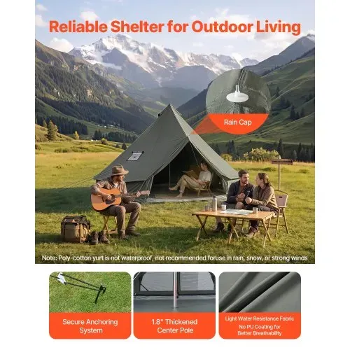 VEVOR Canvas-Glockenzelt, 4 m Jurte, 4 Jahreszeiten, mit Ofenrohrdurchführung, bis zu 4 Personen, mit Abnehmbarem Boden (Reißverschluss), ideal für Familien-Camping & Outdoor-Aktivitäten, Grün – Bild 3