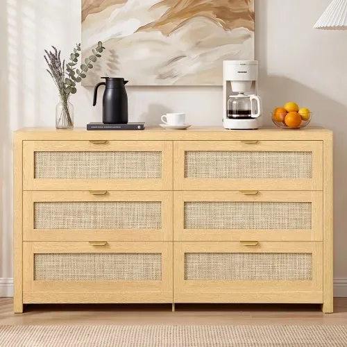 VEVOR Rattankommode Aufbewahrungsschrank mit 6 Schubladen & Metallgriffen, moderner Rattanschrank für Schlafzimmer Wohnzimmer Flur (144,5 x 45 x 79,5 cm) Kleidungsschrank Schubladenschrank – Bild 7