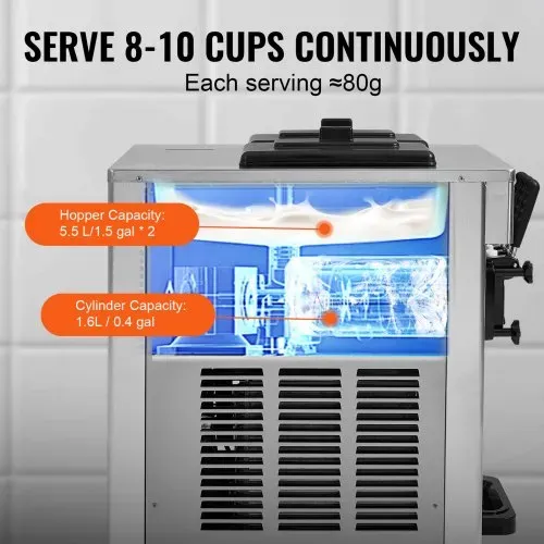 VEVOR Kommerzielle Eismaschine 18–28 L/h, 3 Geschmacksrichtungen, Italienische Eismaschine, 2 x 5,5 L Trichter, LCD-Panel, Automatische Vorkühlung, Reinigung, für Joghurt, Kaffee, Snackbar, Restaurant – Bild 3