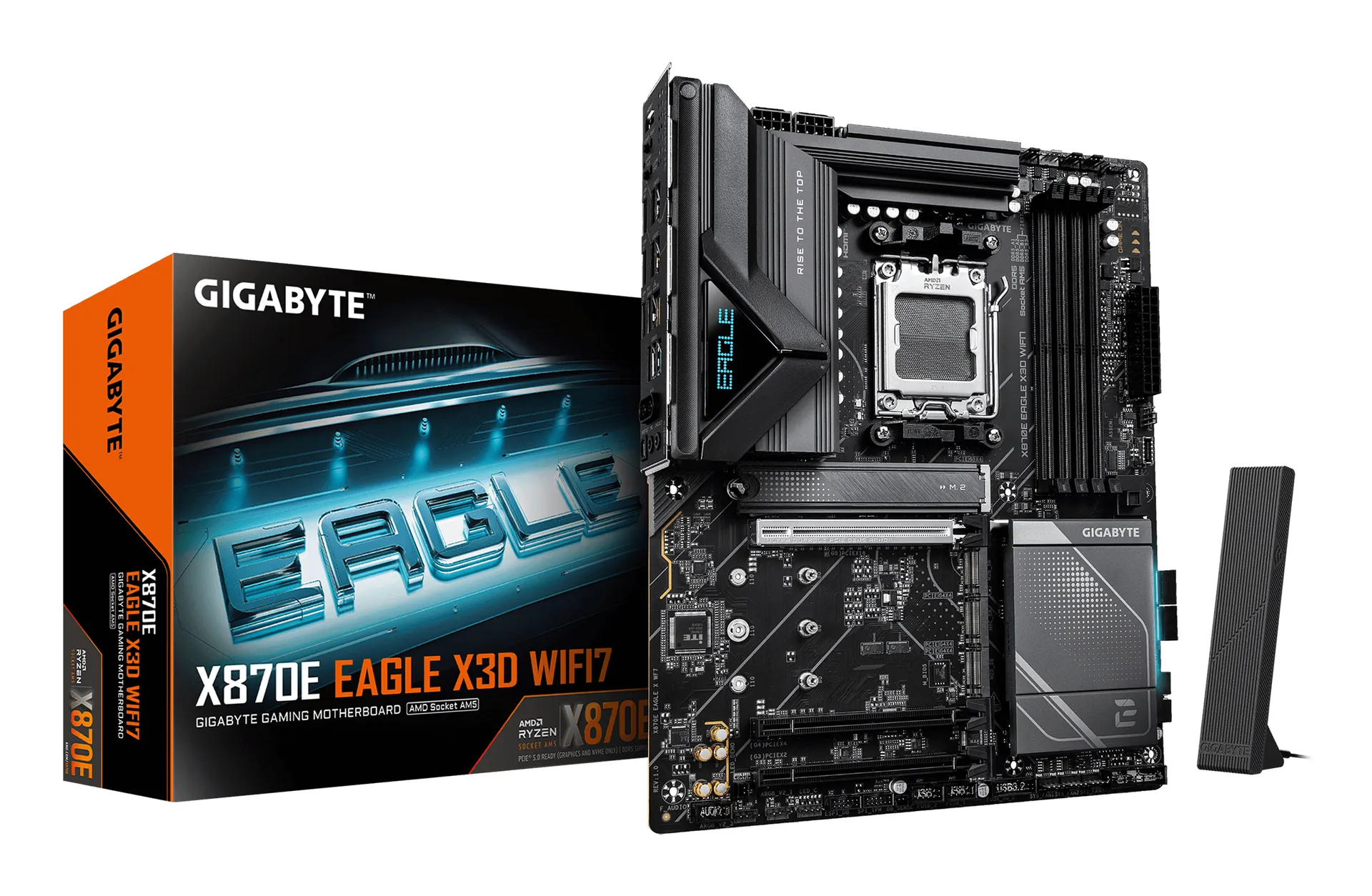 GIGABYTE X870E EAGLE X3D WIFI7 Mainboard – Unterstützt AMD Ryzen 9000 CPUs, digitales 14+2+2-Phasen-VRM, bis zu 9000 Hz DDR5 (OC), 1× PCIe 5.0 + 3× PCIe 4.0, Wi-Fi 7, 5-GbE-LAN, USB 4 GIGABYTE X870E EAGLE X3D WIFI7 Mainboard – Unterstützt AMD Ryzen 9000 CPUs, digitales 14+2+2-Phasen-VRM, bis zu 9000 Hz DDR5 (OC), 1× PCIe 5.0 + 3× PCIe 4.0, Wi-Fi 7, 5-GbE-LAN, USB 4