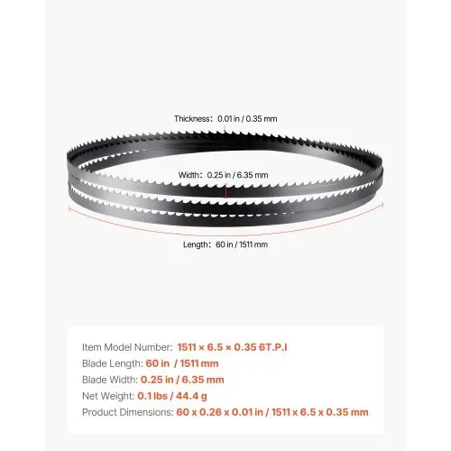 VEVOR Bandsägeblatt, 1511x6,5x0,35mm, 6 ZpZ, mit gehärteten, scharfen Zähnen (15 HRC), SK5-Kohlenstoffstahl, 6,35 mm Breite, Ersatz für gängige Bandsägen für die Holzbearbeitung, 1 Set – Bild 6