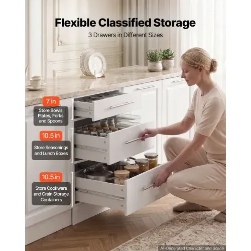 VEVOR Unterschrank 500x475x815 mm BxTxH Spanplatte Küchenunterschrank Weiß, für Waschküche und Bad, ohne Arbeitsplatte, im Shaker-Stil, mit 3 Schubladen, Soft-Close-Mechanismus und 3M-Laminierung – Bild 5