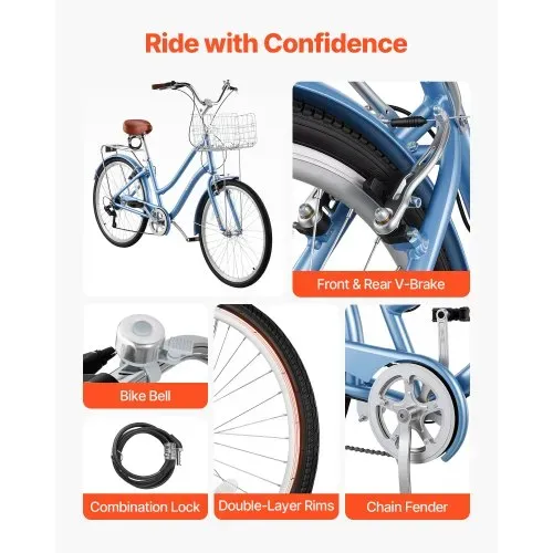 VEVOR Damenfahrrad 26 Zoll Cruiser-Fahrrad 150 kg 7-Gang Citybike Hellblau, für Pendelfahrten Besorgungen und Strandfahrten, mit Korb, Gepäckträger bis 50 kg, Doppel-V-Bremsen und Praktischem Zubehör – Bild 6
