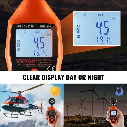 VEVOR Anemometer 69,35MPH Luftgeschwindigkeitsmesser 163x54x32mm Windmesser IP44 Windmessgerät Windstärkemesser MAX/MIN/AVG/CU-Windgeschwindigkeitsdaten -10-45℃ Luftmesser Geschwindigkeitsmessgerät – Bild 3
