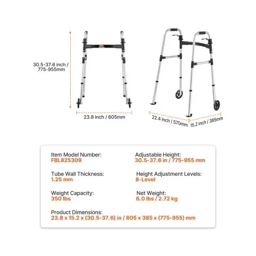VEVOR Gehgestell 158 kg, Gehilfe mit Rädern & 8-fach verstellbarer Höhe, Gehrahmen aus leichtem Aluminium, Rollator mit Vorderrädern für Senioren & Erwachsene, Gehbock 605x385x755-955 mm – Bild 6
