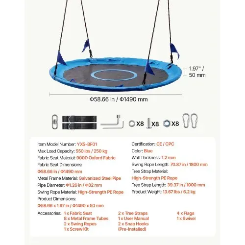 VEVOR Nestschaukel ⌀149 cm Tellerschaukel Familienschaukel 317 kg Blau, Schaukel für Outdoor & Indoor, 360° Drehbar, Schaukelsitz aus 900D Oxford-Gewebe mit 2 Aufhängegurten & Verstellbaren Seilen – Bild 6