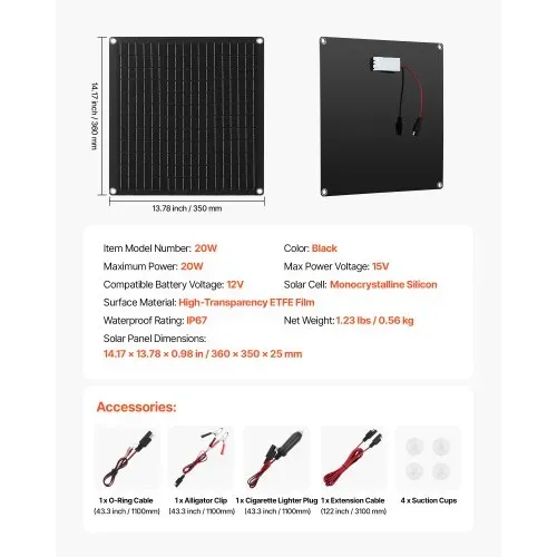 VEVOR 12V Monokristallines Solarpanel-Kit 20 W, Batterieladegerät mit integriertem Smart Controller & 3 Verbindungskabeln, tragbar für Wohnmobil, Auto, Motorrad, Boot, Van, Camper – Bild 6