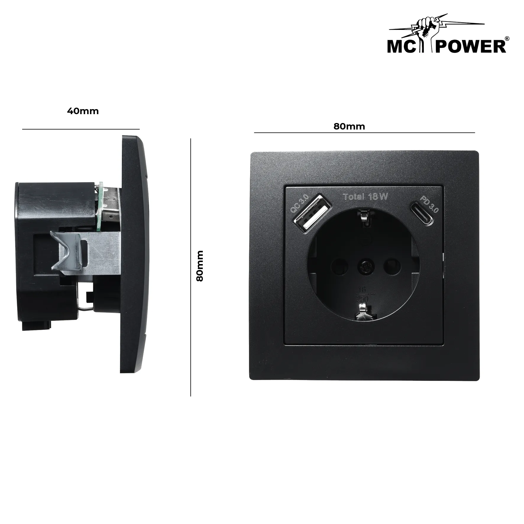Schutzkontakt-Steckdose McPower ''Flair'' 1x USB-C 18W PD, 1x USB-A, matt schwarz – Bild 3