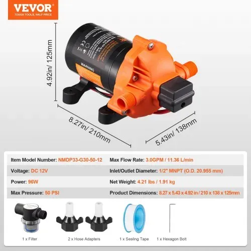 VEVOR 12-V-Membranpumpe, 11,36 L/min, 3-Kammer-DC-Wasserpumpe mit automatischem Druckschalter 40–100 PSI einstellbar, 50 PSI, 1/2 Zoll MNPT-Anschluss, für Wohnmobil, Yacht, Imbisswagen, Camper, Marine – Bild 6