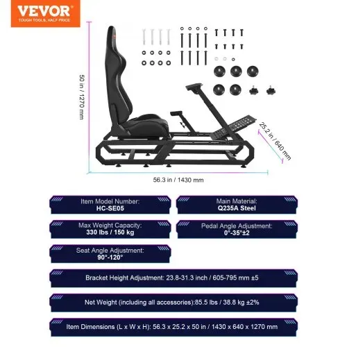 VEVOR Rennlenkradständer für Logitech G923/G920/G29, robustes Fahrsimulator-Cockpit aus Stahl – Thrustmaster T248P, Lenkradhalterung höhenverstellbar und Fußpedalwinkel einstellbar, max. Tragkraft 330 lbs, kompakt – Bild 6