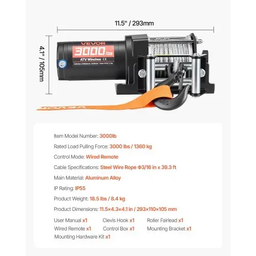 VEVOR Elektrische Seilwinde 1360 kg, 12 V DC Motorwinde mit Φ4,7 mm x 12 m Stahlseil & Kabelgebundener Fernbedienung, IP55, Aluminiumgehäuse, Elektrowinde zum Abschleppen von ATVs, Schwarz – Bild 6